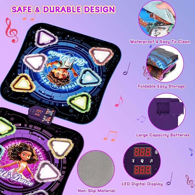 Upgraded Dance Mat for Kids, Single & Double Players Mode Electronic Dance Pad with Light-up 12-Button Wireless Bluetooth 5 Game Modes Christmas Birthday Gift for Girls Boys Ages 3 4 5 6 7 8 8-12