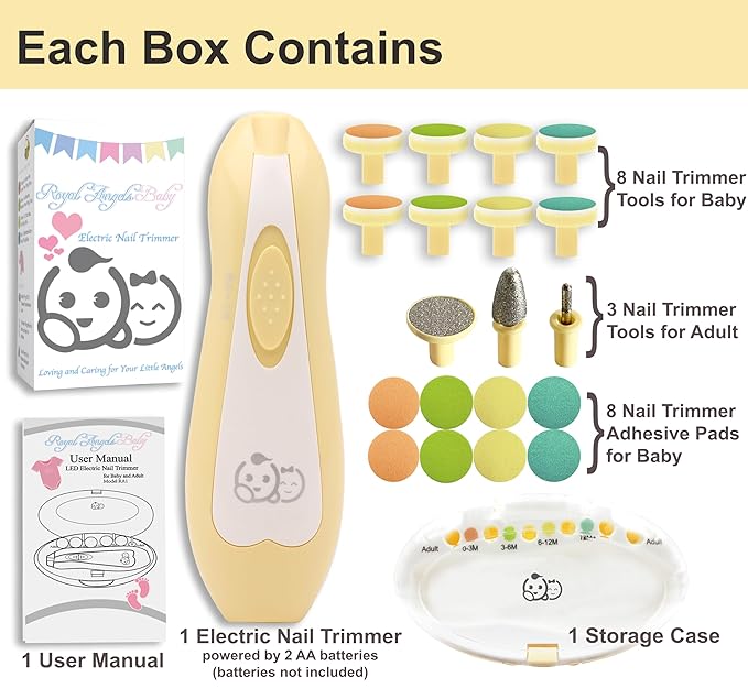 Baby Nail Trimmer 21 in 1, Usage Labeled Case & 13 Extra Replacement Tools, Royal Angels Baby Electric Nail File, Baby Nail Care, Nail Clipper Newborn Toddler Toes & Fingernails Nail Kit (Yellow)