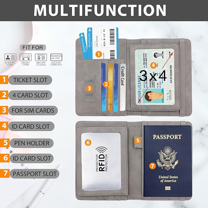 Melsbrinna RFID Passport Holder for Travel, Unisex Adults, Grey, PU Leather, RFID Protected, Passport Cover