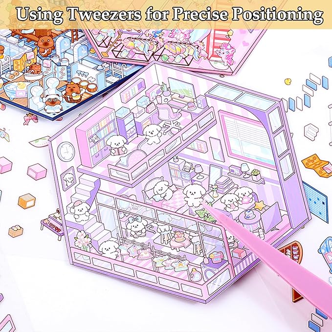 DIY 3D Sticker Scene 4 Sets of Reuseable and Waterproof Stickers Make Your Own Shop Scenes Sticker Cute Miniature Cartoon Stickers for Kids Adult