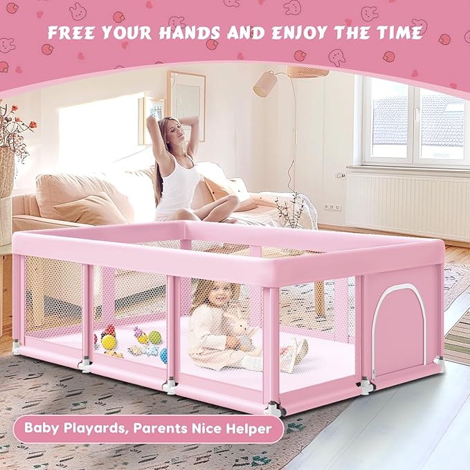 74" ×50" Large Baby Playpen, Baby Playard for Babies and Toddlers, Play Pens for Indoor & Outdoor, Sturdy Safety Play Yard with Soft Breathable Mesh, Anti-Fall, Pink