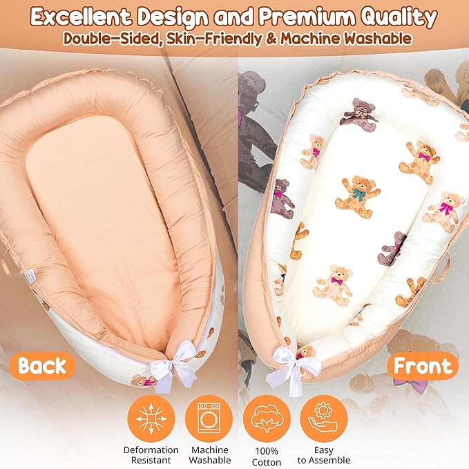 Baby Lounger - Baby Lounger for Newborn 0-24 Months, Breathable, Soft Cotton Baby Nest, Portable Infant Lounger for Home & Travel, Newborn Essentials Gift (Ivory Bear)