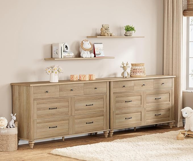 WAMPAT 2 Pack Kids Dresser with 14 Drawers for Bedroom, 2-in-1 Wide Baby Dresser for Nursery & Kids Room, Farmhouse Chests & Dressers, Wooden Closet Organizer for Children’s Bedroom, Oak