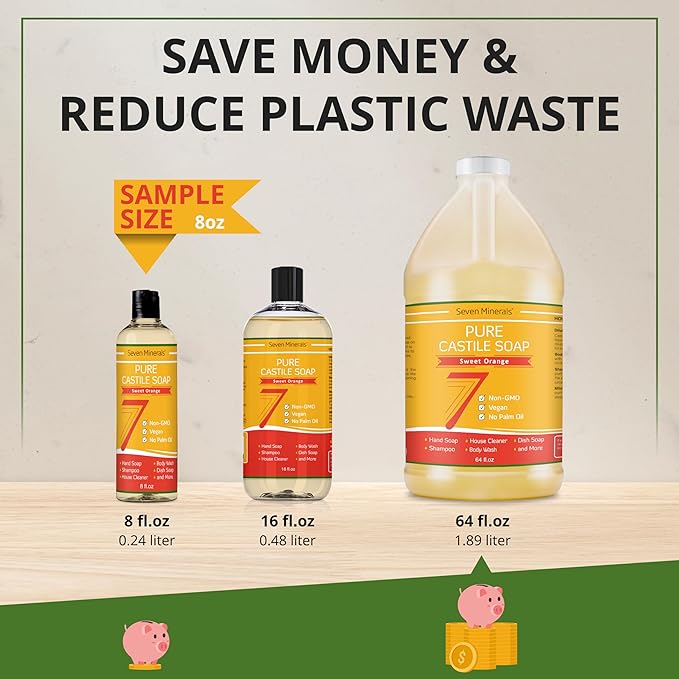 Seven Minerals Pure Castile Soap, Sweet Orange 8oz - No Palm Oil, GMO-Free - Gentle Liquid Soap For Sensitive Skin & Baby Wash - All Natural Vegan Formula with Organic Carrier Oils