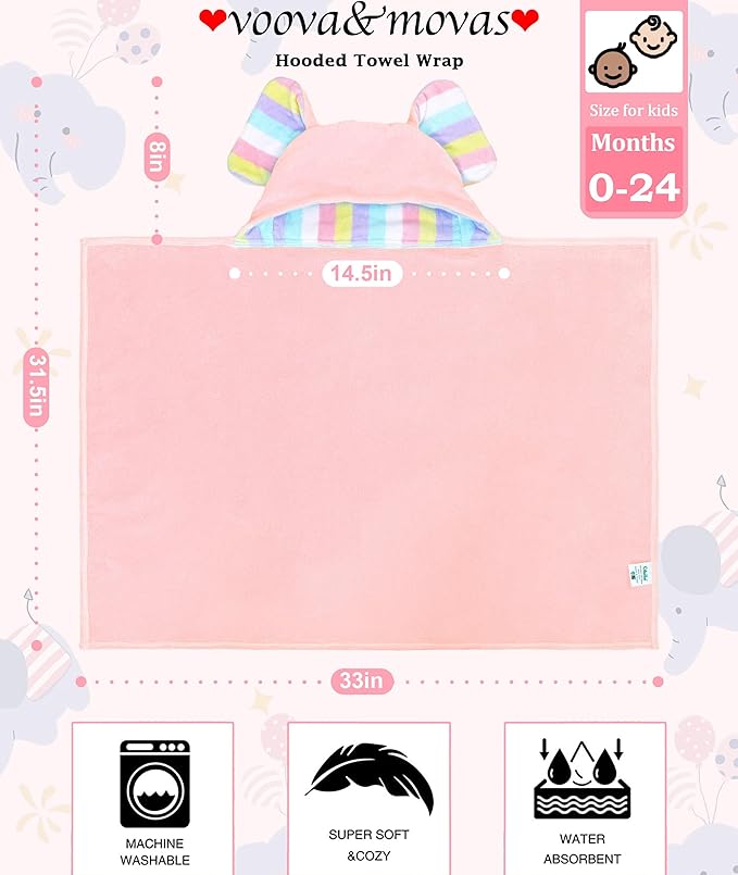 VOOVA & MOVAS Thick Baby Hooded Bath Towel - 100% Cotton,500GSM, 33x31.5 Inches,0-2Years,Super Absorbent Large Towel with Cute Elephant Ears Hood for Newborn, Baby, Infant, Pink