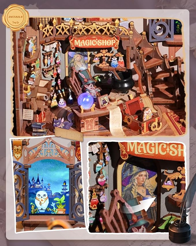 Tonecheer DIY Miniature House Kit, Wooden Dollhouse Kit with White Noise,Tiny Diorama House Building Set with Electronic Screen Craft Kits Make for Aduls (Magic Shop)