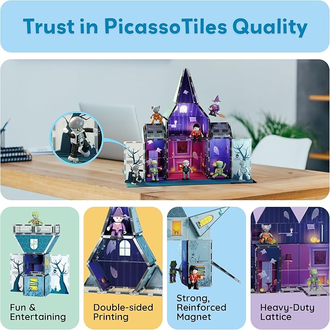 PicassoTiles Haunted House Theme Magnet Tile Building Blocks 8 Action Figures Magnetic Construction Toy Double Sided Printing Education STEM Learning Playset Halloween Adventure Kid Ages 3+ PTQ03