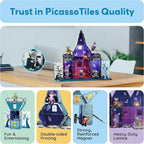 PicassoTiles Haunted House Theme Magnet Tile Building Blocks 8 Action Figures Magnetic Construction Toy Double Sided Printing Education STEM Learning Playset Halloween Adventure Kid Ages 3+ PTQ03