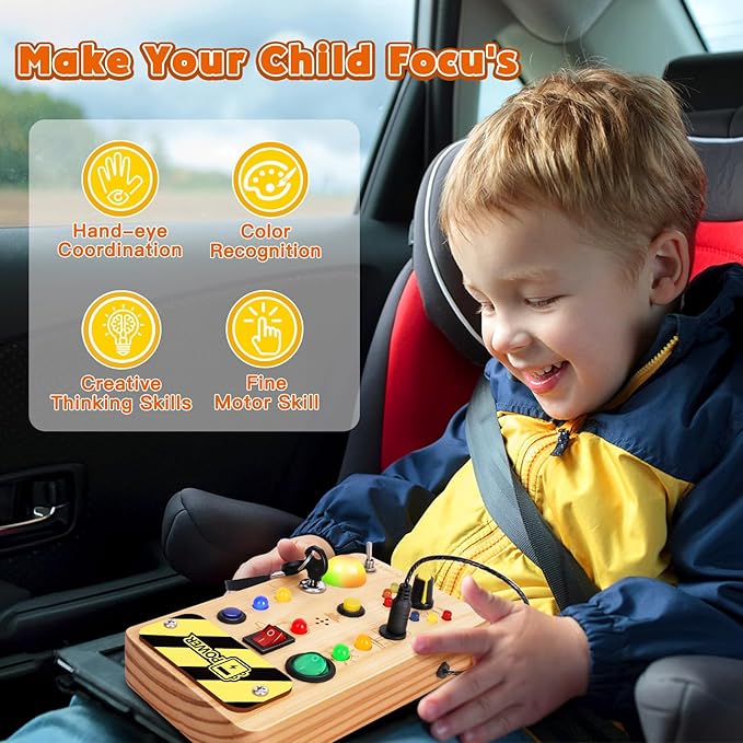 Busy Board Montessori Toys for Toddler, Wooden Sensory Board Switch Toy with Color-Changing LED Light Up Travel Toys Educational Plane Travel Activity for 1-6 Year Old Girls & Boys Gifts