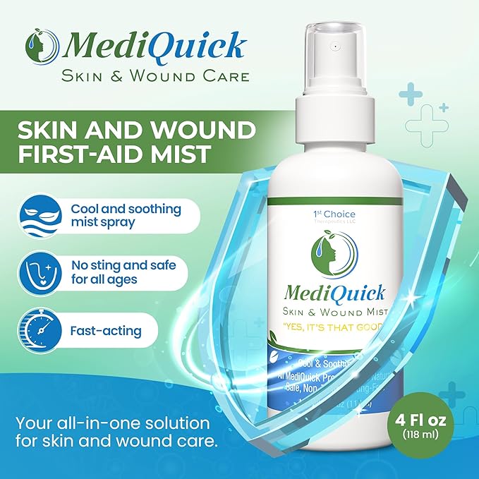 MediQuick Antiseptic Spray Mist 4 Fl Oz | Skin & Wound Repair First Aid Spray for Burns & Cuts with 12 Hour Action | Helps Heal Acne Rash Eczema Itch Bites & More | Safe Wound Wash with No Sting