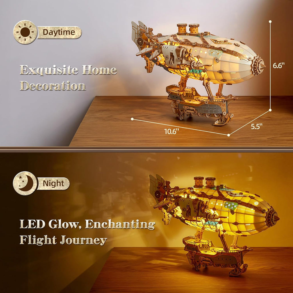LED 3D Wood Puzzle Fantasy Airship Model - Steampunk DIY Craft Kit with LED Lights – Intricate Wooden Airship Model Building Set for Teens and Adults(White)