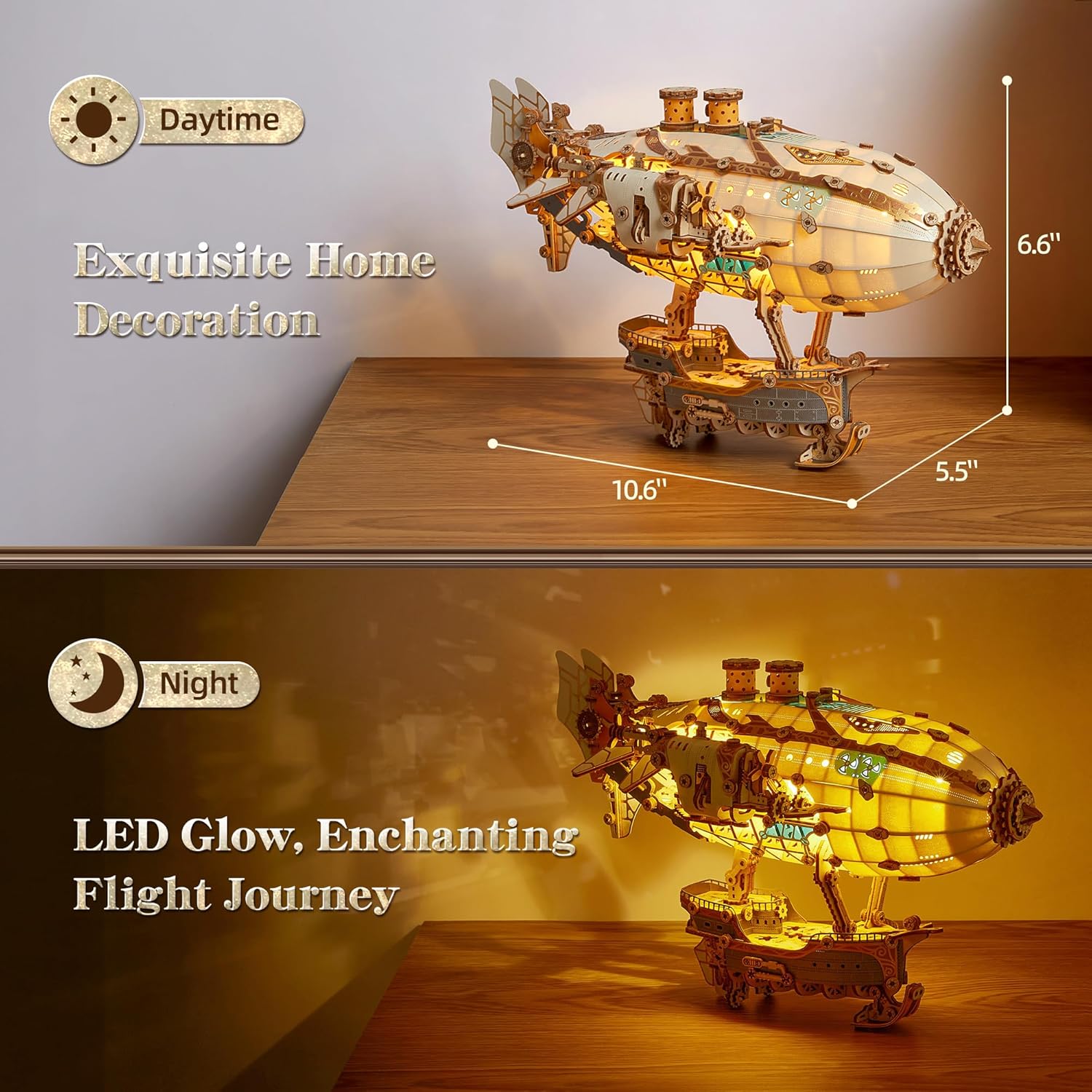 LED 3D Wood Puzzle Fantasy Airship Model - Steampunk DIY Craft Kit with LED Lights – Intricate Wooden Airship Model Building Set for Teens and Adults(White)