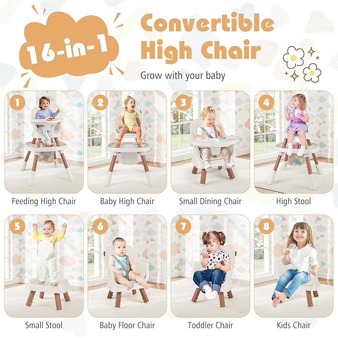 KOTEK 16 in 1 Convertible High Chair, Baby Highchair & Activity Center with Toys, Booster Seat, Building Block Table, Toddler Chair with 5-Point Harness, Removable Tray & Cushion (White)