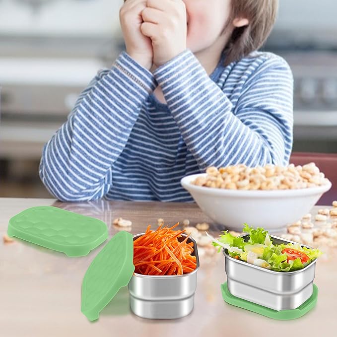 HaWare Stainless Steel Snack Containers for Toddlers and Kids, 8 oz Leak Proof Food Storage Containers with Green Silicone Lids, Stackable Small Metal Lunch Box for Daycare and School- 3 Packs