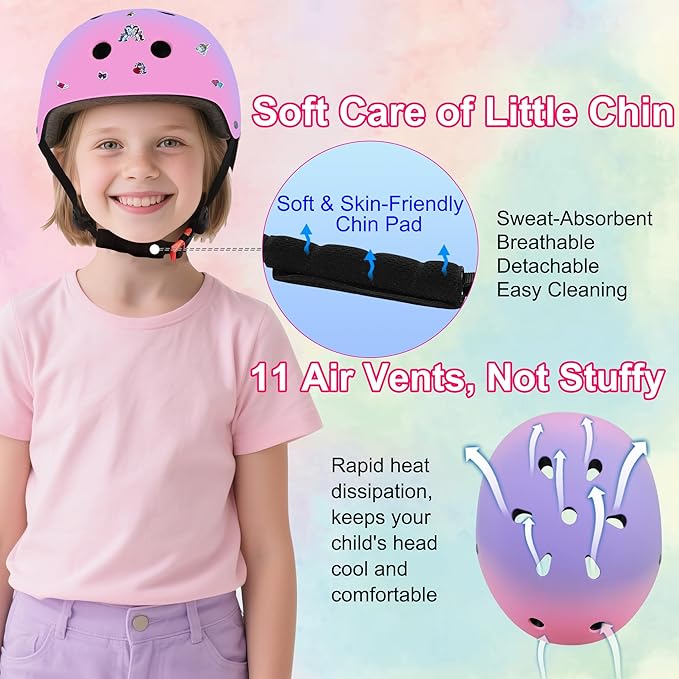 Kids Bike Helmet with DIY Stickers and Knee Pads Elbow Pads Wrist Guard Set for Ages 3-8-14 Toddler Boys Girls Helmet for Roller Skates Cycling Skateboarding Bicycle Scooter