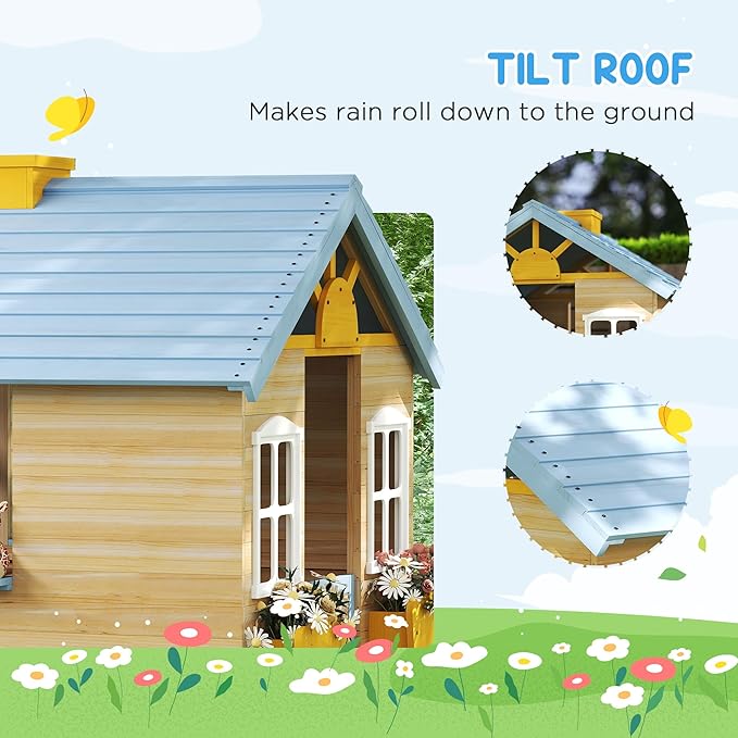 Outsunny Wooden Playhouse for Kids Outdoor Garden Pretend Play Games, Adventures Cottage, with Working Door, Windows, Bench, Service Station, Flowers Pot Holder, for 3-7 Years Old, Blue
