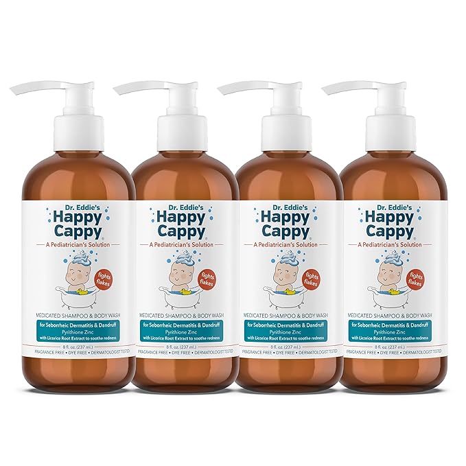 Happy Cappy Medicated Shampoo and Body Wash- Baby Dandruff Shampoo, Helps Cradle Cap and Seborrheic Dermatitis, Reduces Redness, Dermatologist Tested, Fragrance-Free- 8 Fl Oz (Pack of 4)