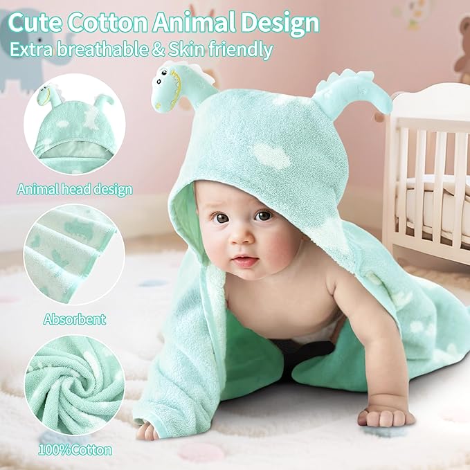VOOVA & MOVAS Thick Baby Hooded Bath Towel - 100% Cotton,400GSM, 30.5x36 Inches,0-2Years, Super Absorbent Large Towel with Cute Dino Hood for Newborn, Baby, Infant, Dino