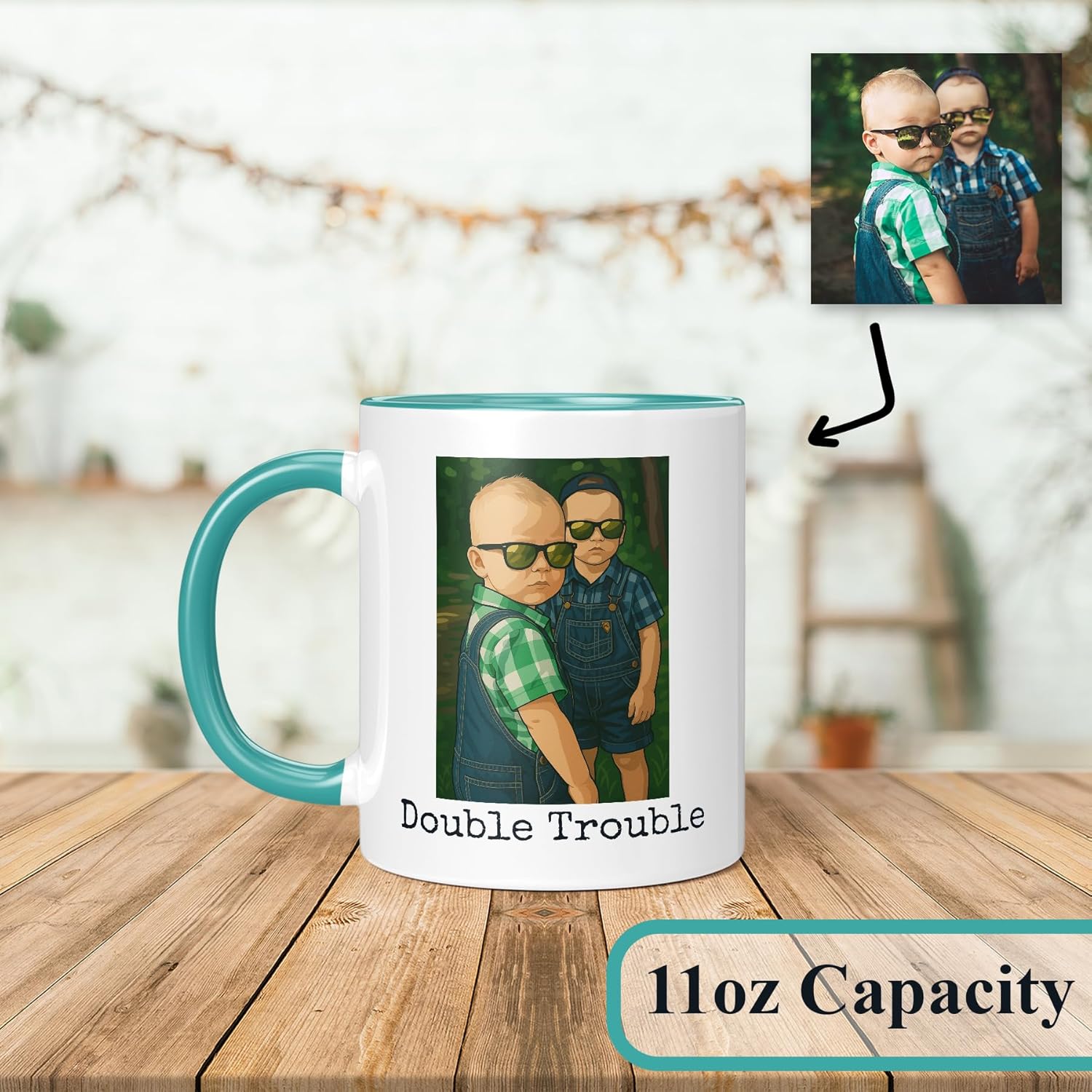Personalized Coffee Mug, Custom Drawing Portrait Gift, Funny Customized Coffee Gift for Men & Women, Custom Mugs with Pictures, Teal 11oz Customized Ceramic Tea Cup