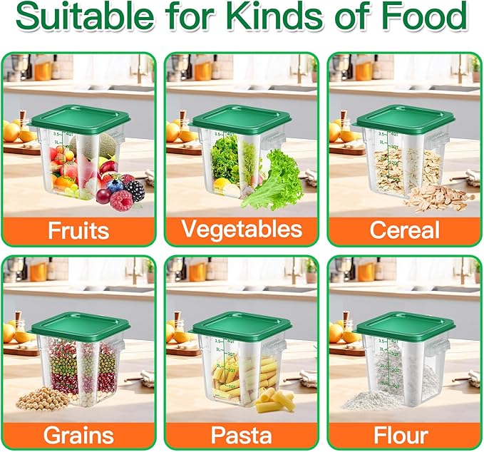 4 pcs 4qt Food Storage Containers with Lid, Square Clear Commercial Food Storage Containers with Handle and Scale for Food Storage in Home Kitchen & Dining (Green)