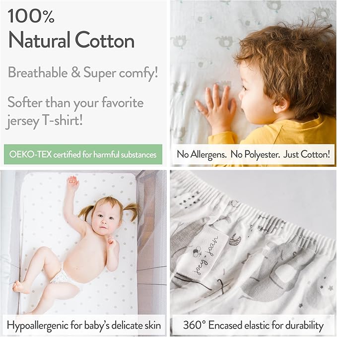 Travel Crib Fitted Sheets Compatible With Guava Lotus, Baby Bjorn, Dream on Me Travel Crib Light Playard – Fits Perfectly on 24 x 42” Mattress Without Bunching Up – Snuggly Soft Jersey Cotton – 2 Pack