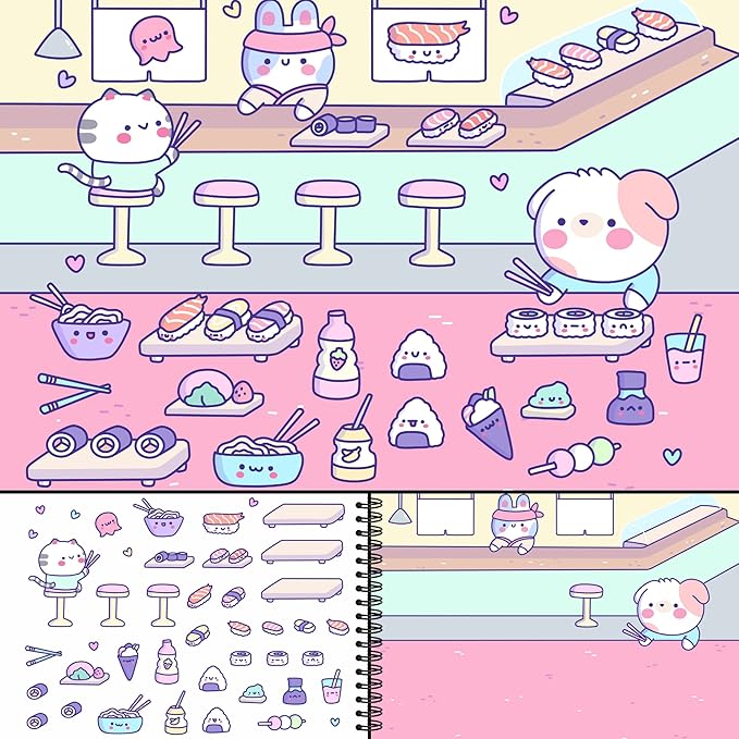 Girly Sticker Book Activity for Kids, Cute Foods Around Town by Cupkin, Toddler Airplane Travel Essentials, 500+ Stickers for Kids 12 Scenes + Coloring Book Pages, Crafts Ages 2-8