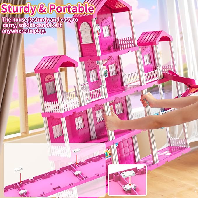 Pink Villa Playset for Girls Ages 3-7, 4-Story 10-Room House with 2 Dolls, Furniture & Accessories, Pretend Play Toddler Toy, Birthday Gifts for Kids 3-8