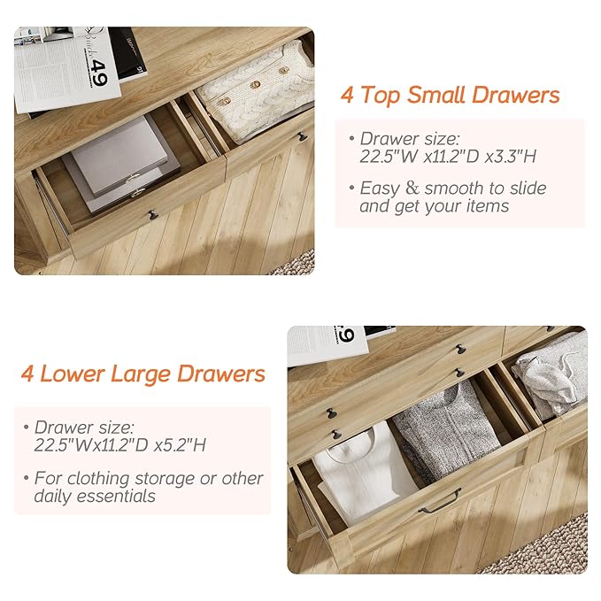 WAMPAT Baby Dresser with 8 Drawers for Kids Room, Farmhouse Kids Dresser Wooden Double Dresser for Bedroom, Wide Dresser Organizer for Children’s Bedroom, Nursery Furniture, 54 Inch, Oak