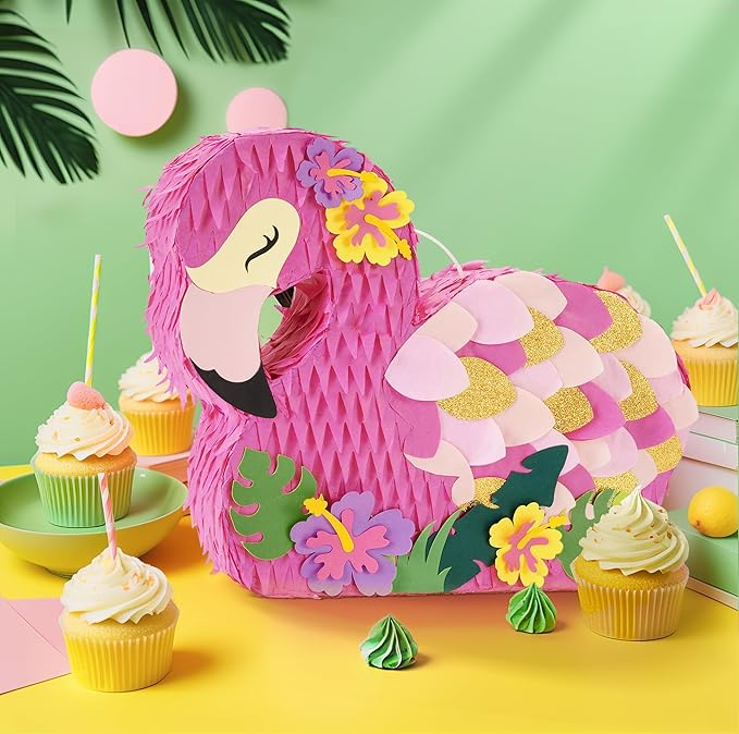 WERNNSAI Flamingo Piñata - Pink Piñata Bundle with Blindfold and Bat for Girls Kids Tropical Flamingo Theme Birthday Party Supplies Summer Pool Party Decorations for Fiestas Baby Shower