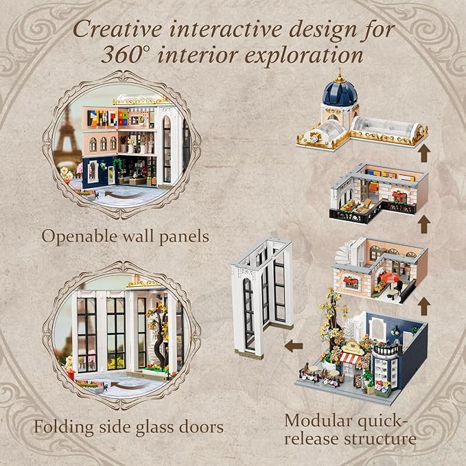 PANTASY Blossom Café Modular Building Set, 3-Story European Glasshouse Landmark with Café, Art Gallery & Floral Atrium, Collectible Architecture Model Kit for Adults, Creative Display Blocks