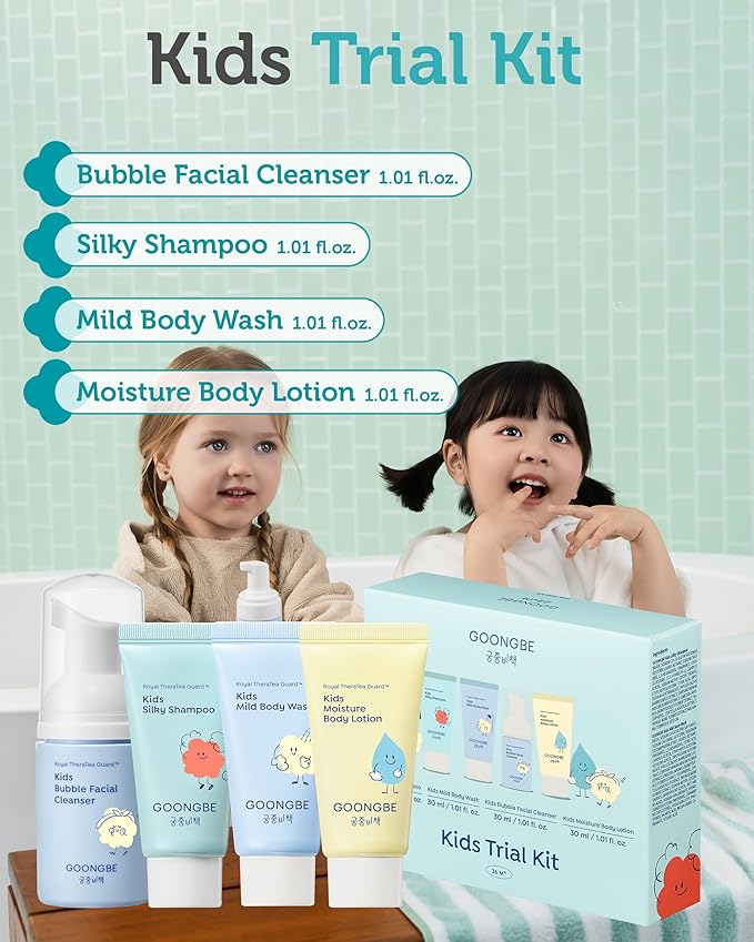 Kids Trial Travel Kit - Korean Low pH Skincare Set with Silky Shampoo, Body Wash, Facial Cleanser & Body Lotion - Silicone-Free Formula for Sensitive Skin, 1.01 fl.oz. each