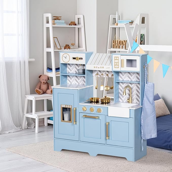 Play Kitchen for Kids, Wooden Children Kitchen Playset w/Coffee Maker, Oven, Stove, Sink, Apron, Ice Maker, Cookware, Kids Toy Kitchen Set for Toddler Girls Boys Pretend Play Toy Gift Ages 3+