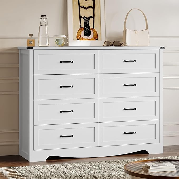 8-Drawer Dresser for Bedroom, Modern Wooden Chest of Drawers with Metal Handles, Anti-Tipping Design, Sturdy and Stable Storage Organizer for Living Room, Entryway, Home Office, Standard