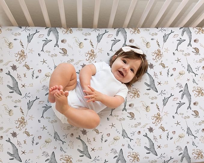 Crib Sheets Neutral - Fitted Baby Crib Sheets Bed for Girl Boy - 2 Pack Standard & Toddler Mattress (Ocean Odyssey) - Buttery Soft Organic Cotton Blend