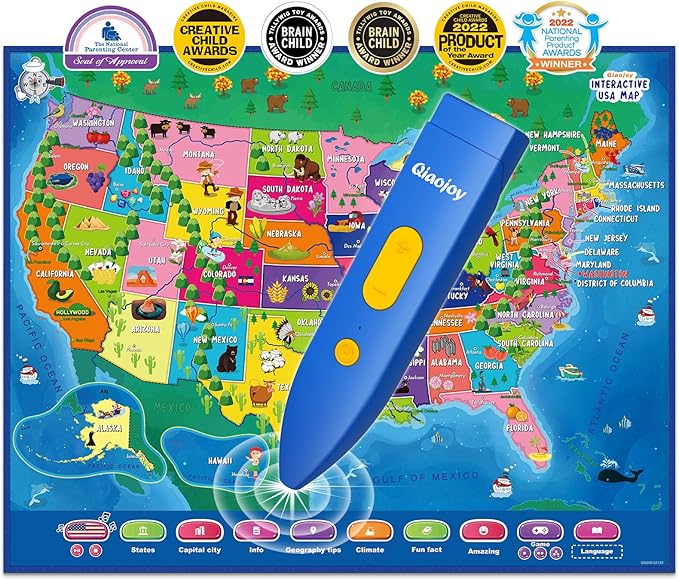 Bilingual Interactive for Kids Talking USA Map for Kids Learning, Geography Toys Games Educational Electronic Map Christmas Personalized Gift/Toys for 4 5 6 7 8 9 10 Year Old Girls/Boys