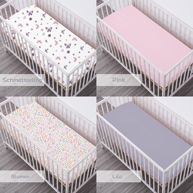 Bimocosy Baby Crib Sheets for Girls, Fitted Crib Sheet 4 Pack for Standard Crib and Toddler Mattresses, Super Soft Breathable Microfiber Baby Sheet 28x52x8in, Ditsy Floral/Pink/Butterfly/Purple