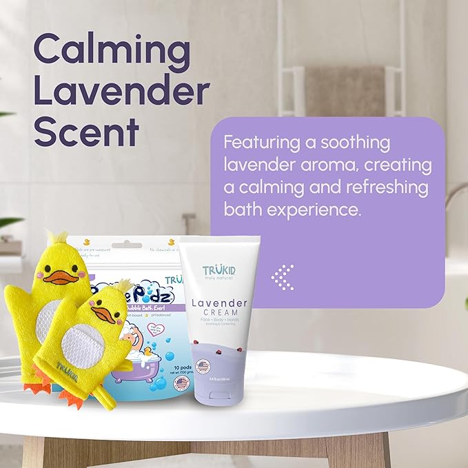 TruKid Lavender Bubble Podz, Baby Cream & Bubble Glove Set – Soothing Bath and Skincare Bundle for Kids