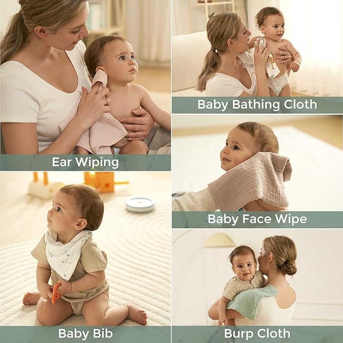 Momcozy Soft & Absorbent Baby Washcloths - 4 Layer Design| Medium Thickness| Premium Cotton for Newborns' Skin-Great for Bathing, Wiping & on-The-go Use, Shower Gift and Essential(5 Pack, 10x10 inch)