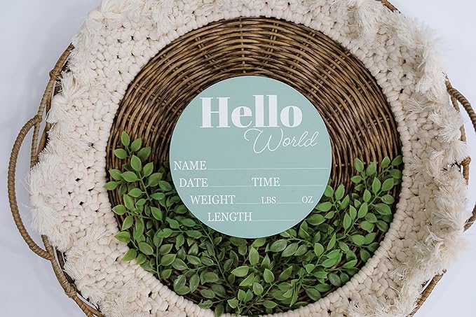 Hickory Hollow Designs - Baby Announcement Sign for Newborn Boys and Girls (Color Bases) - Hello World Nursery Decor Sign & Photo Prop for Babies Made of Birch Wood - 6" Circle Board (Sage)
