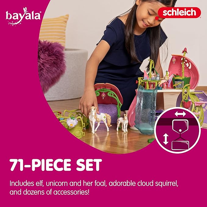 Schleich Bayala - 71 PC Glittering Flower House Playset with Fairy Figure, 2 Cute Unicorn Toys and Fairy Dollhouse Accessories for Girls and Boys - Fantasy Figurine Animal Set for Kids Ages 5+ | 42447
