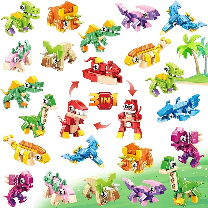 24 Pack Mini 3-in-1 Dinosaur Building Set, Kid's Classroom Gifts Build Block Toy Stocking Stuffers, Classroom Prizes Goodie Bags Fillers, Party Favors Boxes for Boys Girls 6 8 10 12