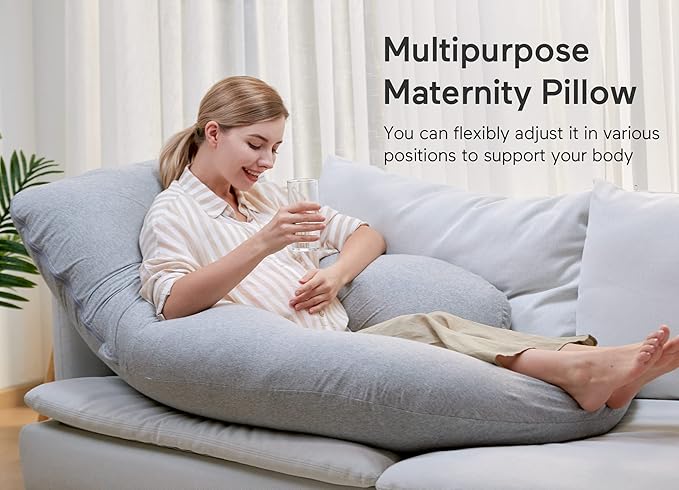 Momcozy U Shaped Pregnancy Pillows with Cotton Removable Cover, 57 Inch Full Body Pillow Maternity Support, Must Have for Pregnant Women, Hatha Grey