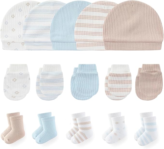 Newborn Baby Boy Girl Caps Mittens Socks Set Cotton Baby Essentials Accessories (Hats+Gloves+Socks)