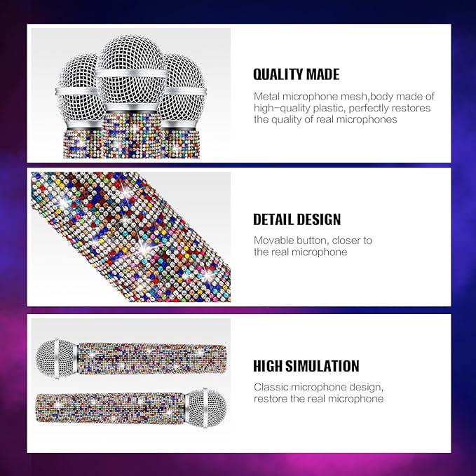 Sanwuta Fake Microphone Prop Sparkly Bling Rhinestones Plastic Play Microphone Pretend Glitter Bedazzled Mic for Cosplay Party Costume(Colorful)