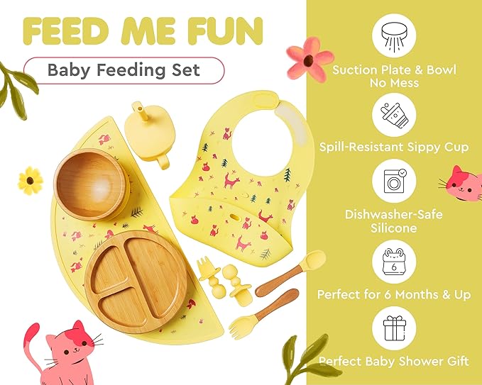 Bamboo Baby Feeding Set for Infants & Toddlers - Baby Essentials, Non-Toxic, Sustainable, Bamboo Suction Plate & Bowl, Bib, Sippy Cup w/Lid & Straw, Daily Use, Travel, Baby Shower Gifts (Yellow)