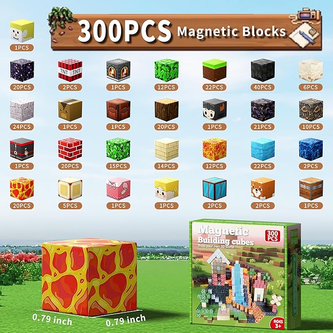 Magnetic Blocks, Magnetic Building Blocks, 3D Construction Build Toys, STEM Sensory Magnet Cubes (Multicolor-300PCS)