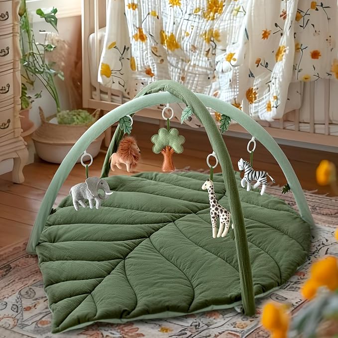 Baby Play Gym with Mat Leaf Shaped, Baby Play Mat with 6 Hanging Toys Tummy Time Mat, Baby Gym Activity Center, Washable (Green)