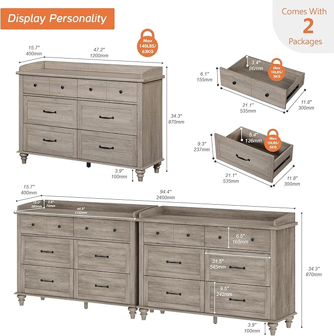 WAMPAT Set of 2 Kids Dresser with 12 Drawers, 2-in-1 Baby Dresser for Bedroom & Kids Room, Rustic Chests & Dressers Wooden Closet Organizer for Children's Bedroom, Grey