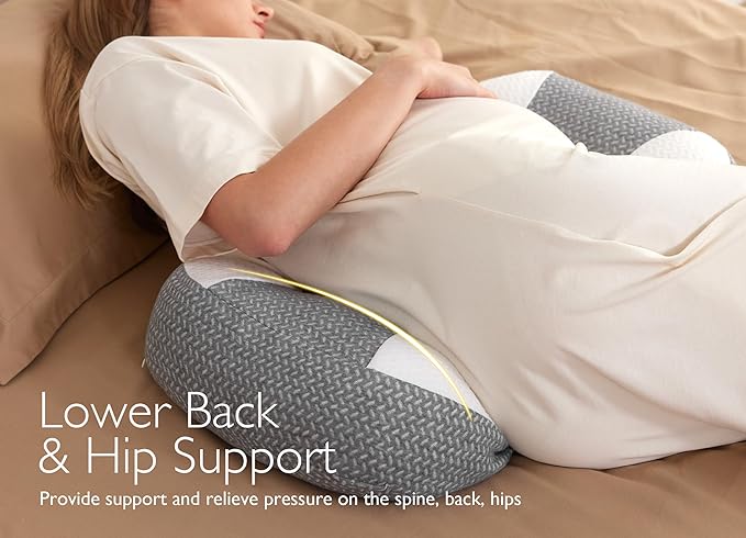 Momcozy Plus W Shaped Pregnancy Pillow for Sleeping, Adjustable Maternity Pillow for Side Sleepers, Portable Wedge Belly Support, Compact Design for Back Belly and HIPS, Grey and White