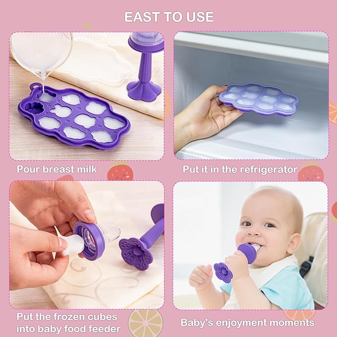 KingKam Baby Breastmilk Popsicle Molds & Baby Fruit Feeder Combo (2 Pack), Breastmilk Popsicle Molds for Teething Relief, BPA Free Silicone Feeder Teether Pops for Babies Infant Self Feeding, 4m+